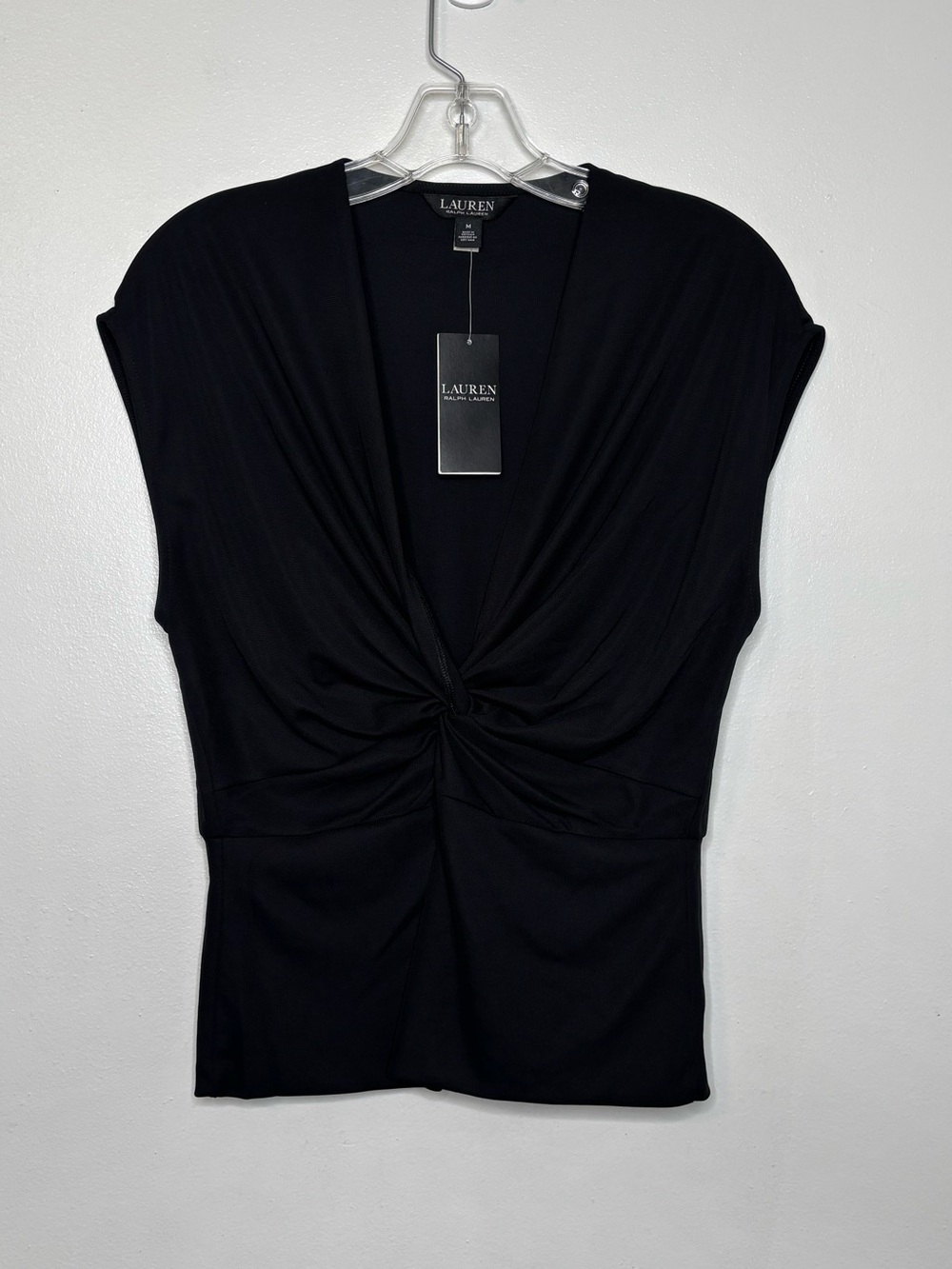 NWT Lauren Ralph Lauren Twist-Front Jersey Cap-Sleeve Tee Black Size Medium - Picture 2 of 8